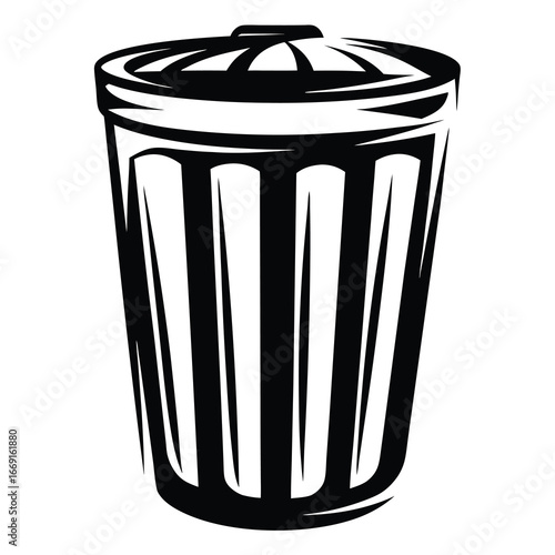 Stylized black and white illustration of a lidded trash can or bin