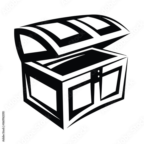 Stylized Black and White Vector Illustration of an Open Treasure Chest