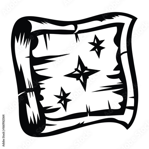Monochromatic treasure map with stars marking important locations, likely indicating buried treasure