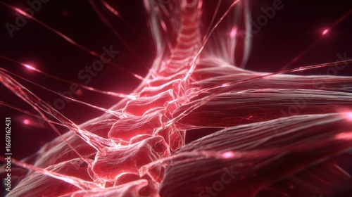 Medical image highlighting fanshaped muscle fibers in lumbar region glowing red to depict strain injury.