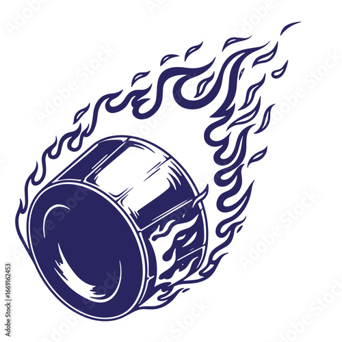 Dynamic illustration of a burning drum with flames representing power and passion