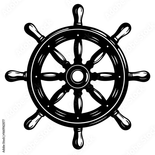 Black and White Illustration of a Classic Wooden Ship's Steering Wheel