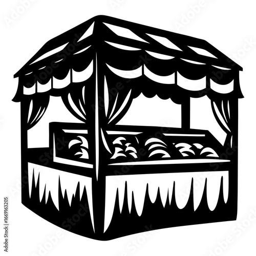 Elegant black and white woodcut illustration of a marketplace stall with fruit