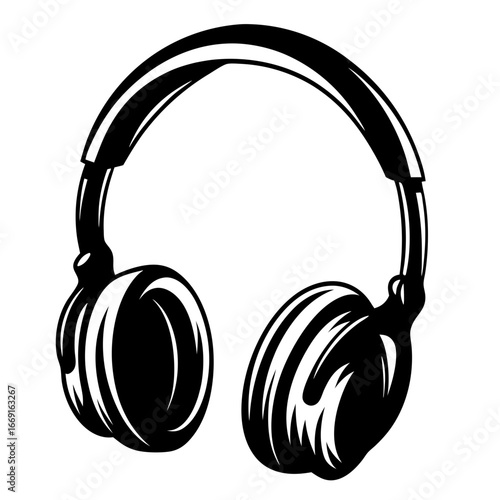 Stylized black and white illustration of modern over ear headphones