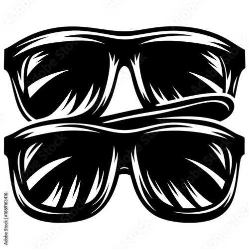 Two pairs of sunglasses overlapping in bold black and white line drawing