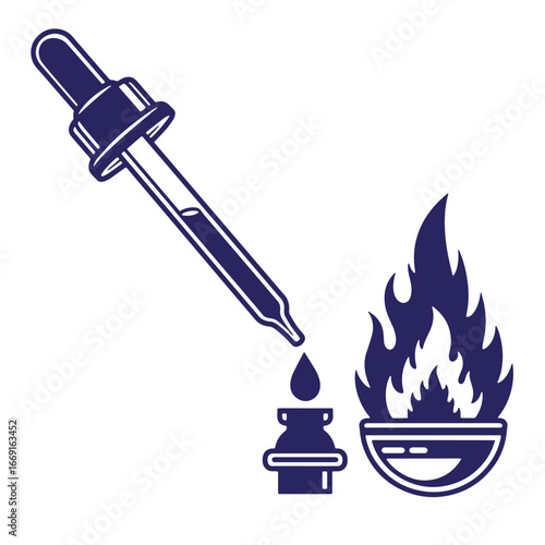 Illustration of a chemical reaction with a dropper and burning substance isolated on white