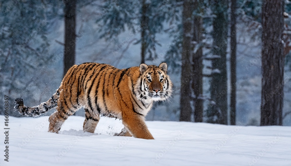 Obraz premium majestic saber toothed tiger gracefully prowling through snow covered forest landscape in winter