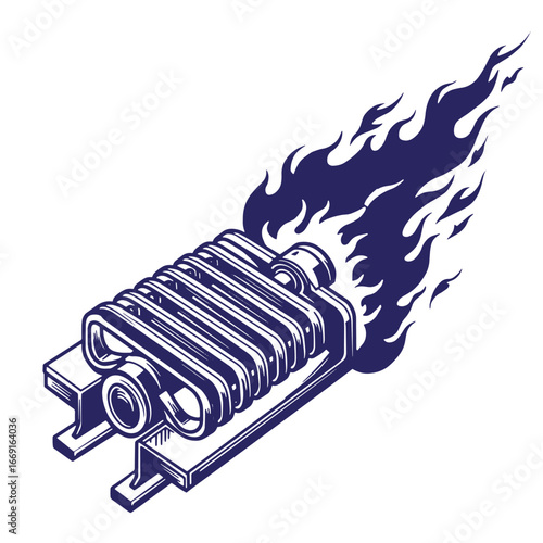 Isometric view of a burning radiator illustration with flame graphic for automotive design