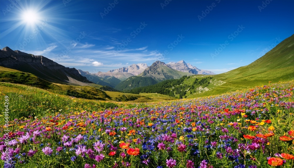 Obraz premium a vibrant landscape filled with colorful flowers under a bright blue sky and mountains