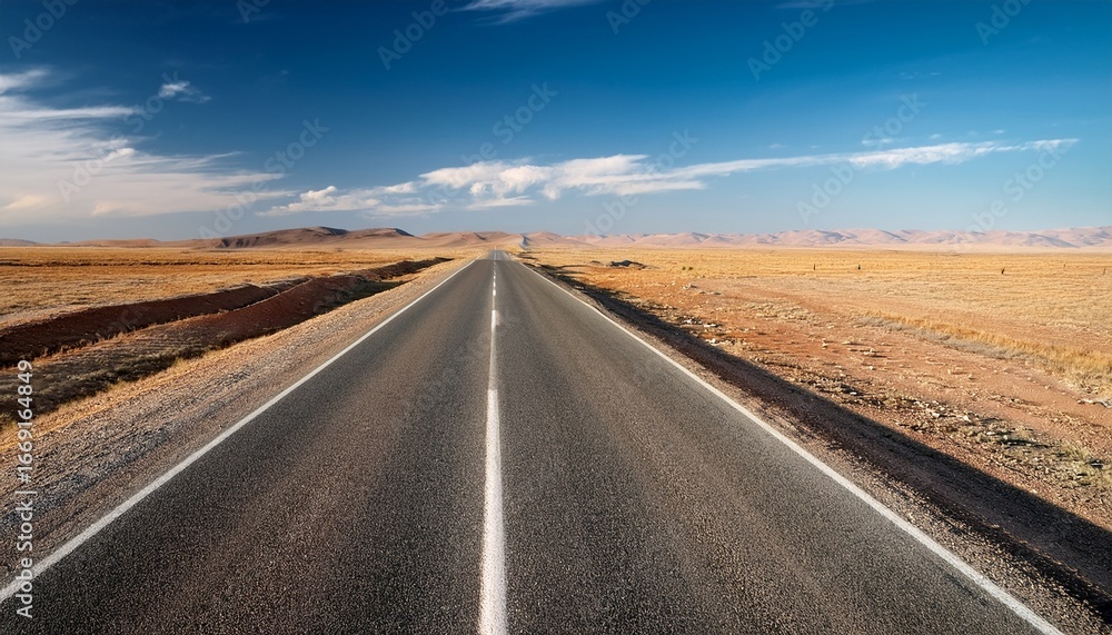 Naklejka premium straight asphalt road stretches through flat arid landscape in atyrau region kazakhstan