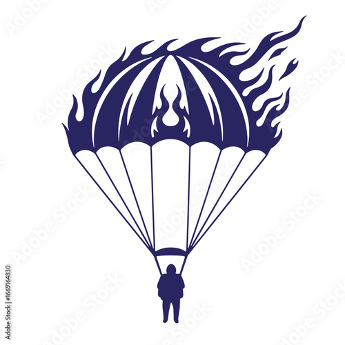 Silhouette of a skydiver descending with a flaming parachute isolated on white