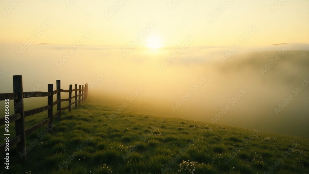 Obraz premium Sunrise Foggy Hillside Fence.