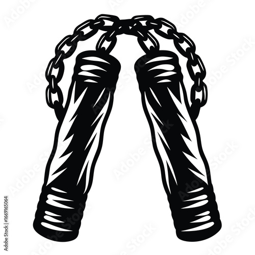 Monochrome Nunchucks Illustration with Chain for Martial Arts Design Purposes