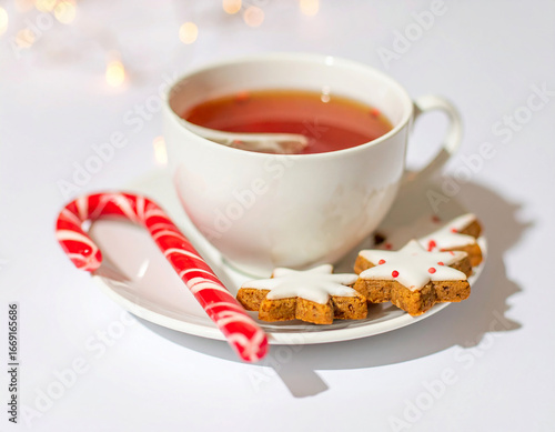 White teacup with candy cane and star shaped gingerbread cookies on a saucer