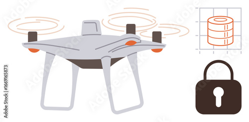 Quadrotor drone with spinning rotors, padlock icon for security, and a database graphic. Ideal for technology, security, privacy, data protection, innovation surveillance cloud computing. Simple