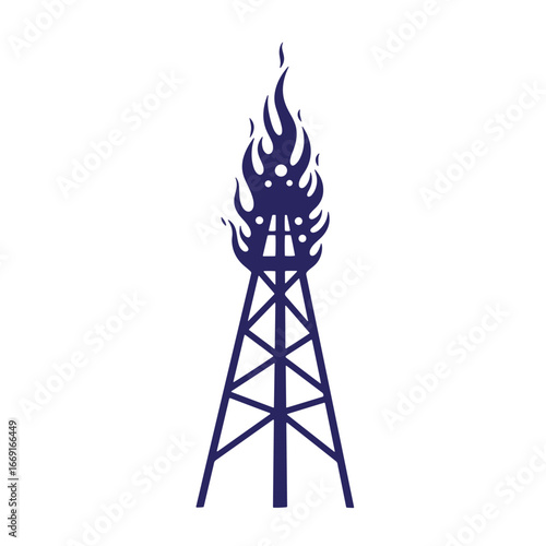 Stylized illustration of an oil derrick and flaring flames energy production concept
