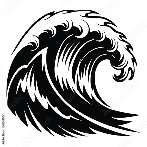 Dramatic monochrome illustration of a stylized ocean wave cresting on the water