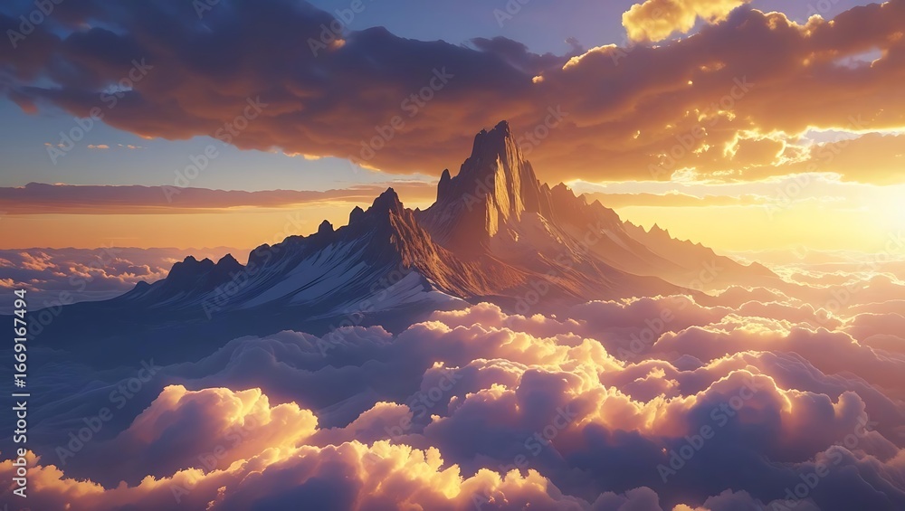 Fototapeta premium Majestic Mountain Ridge Silhouette Emerging from Clouds at Sunrise