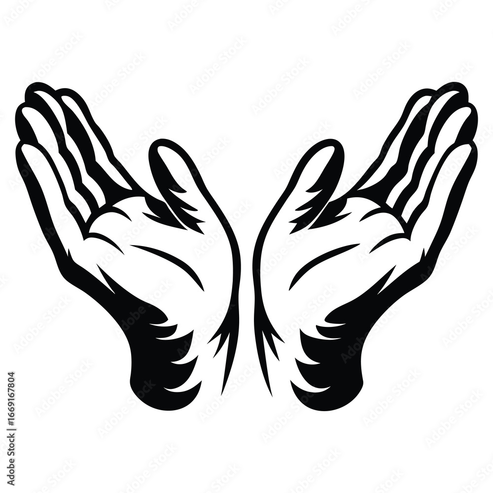 Obraz premium Hands raised in supplication black and white artistic illustration for digital design