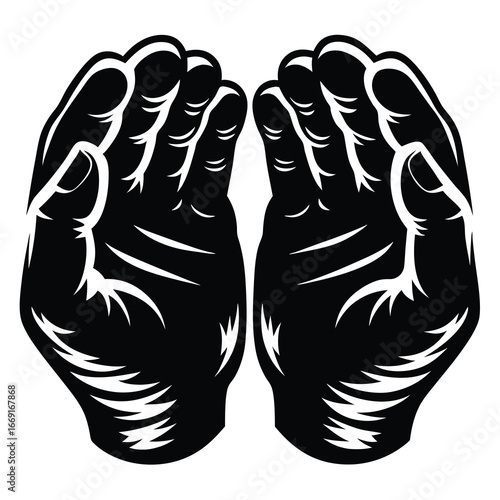 Stylized black and white illustration of two hands cupped as if holding something
