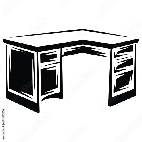 Monochrome corner desk silhouette illustration with drawers and plenty of working space