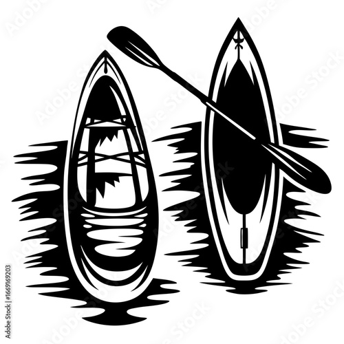 Monochrome illustration of two kayaks on the water with a paddle resting between them