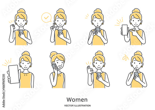 スマートフォンを操作する女性のイラストセット