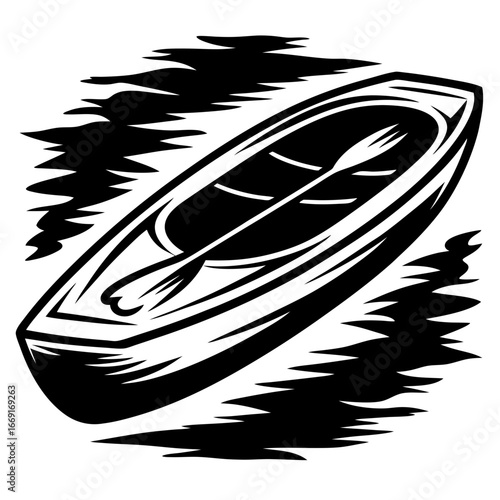 Artistic representation of a canoe with a paddle in black and white