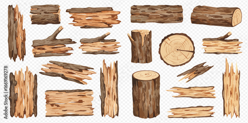 A collection of illustrated wooden elements, including logs, stumps, planks, and splintered pieces with bark.