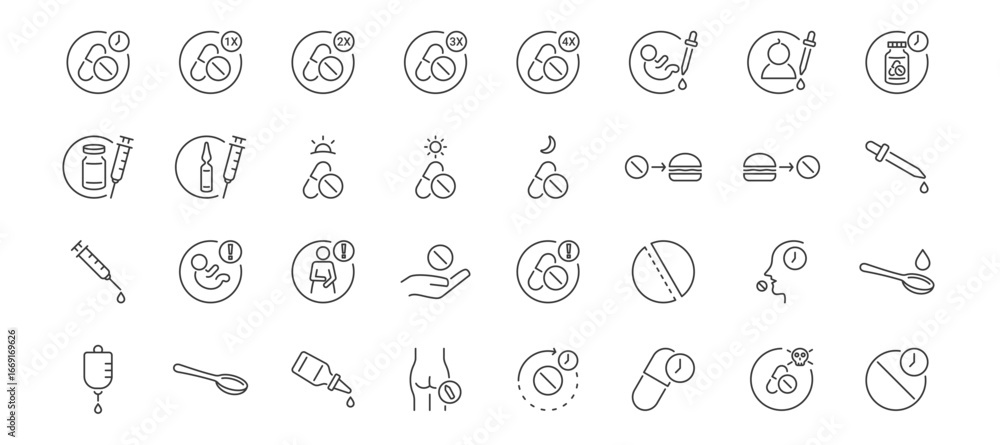 Εκτύπωση καμβά Dosage vector icon set with daily dosage, dosing interval, dosage for children a