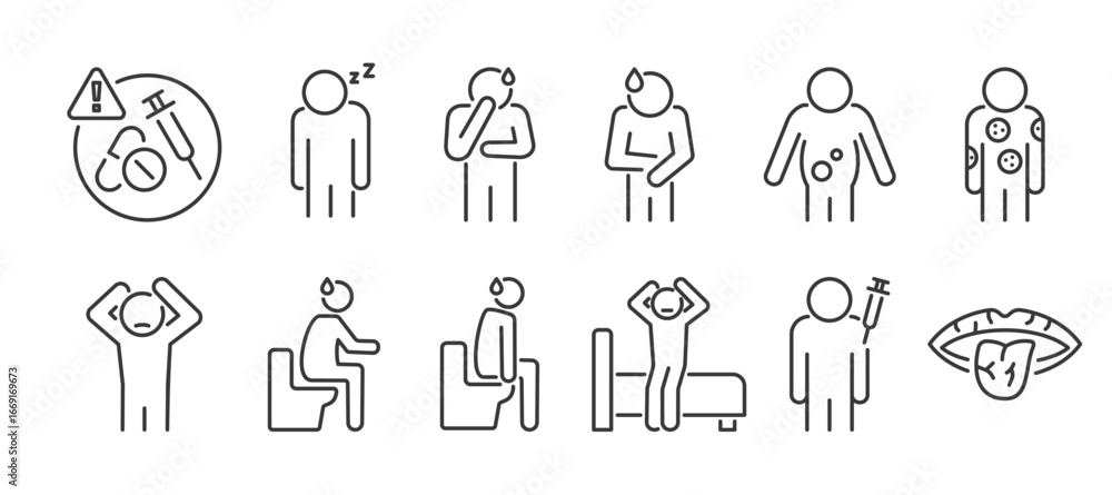 Fotografie Side Effects vector icon set with drowsiness, nausea, upset stomach, bloating, r