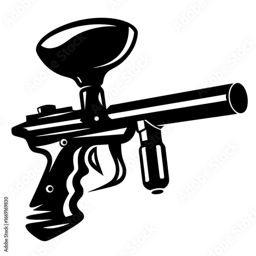 Stylized illustration of a paintball marker, depicting recreational shooting sports equipment