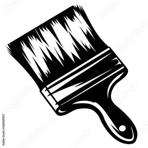 Monochromatic illustration of a paintbrush tool with black fill and white highlights