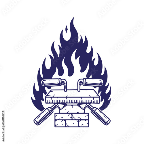 Vector illustration of bricklaying tools surrounded by stylized flames for construction themes