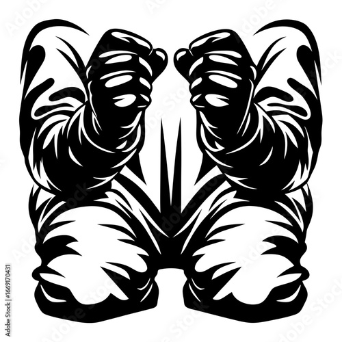 Abstract monochrome silhouette of powerful bodybuilders flexing biceps in boxing gloves