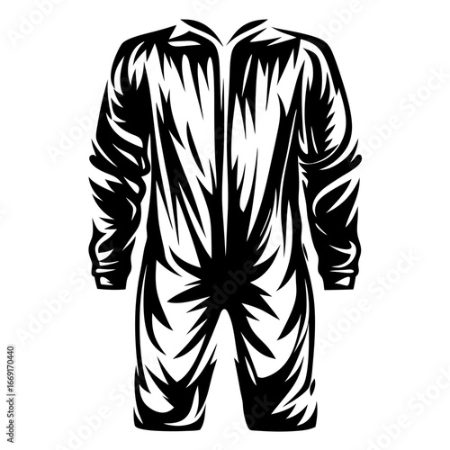 Abstract monochrome illustration of a protective jumpsuit or hazmat suit design