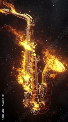 A saxophone on fire, creating a passionate and vibrant musical scene with its flames.