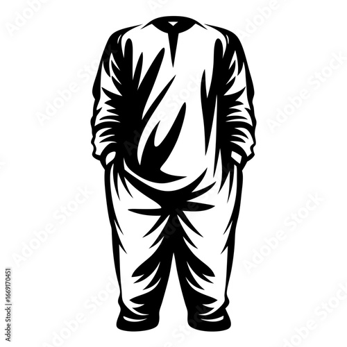 Stylized jumpsuit illustration in black and white with artistic flair and shading