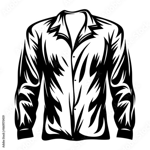 Monochrome illustration of a long sleeved buttondown shirt, presented in black and white