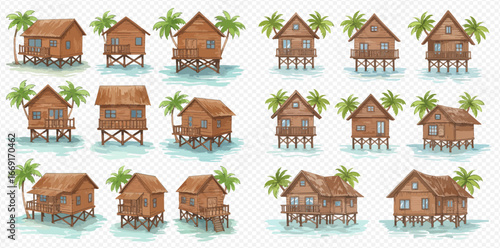 A watercolor collection of various tropical wooden bungalows on stilts over the water with palm trees.