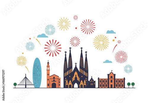 Spectacular Barcelona Skyline Fireworks Display.