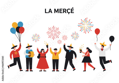 La Merce Festival Celebration: Joyful People in Traditional Attire.