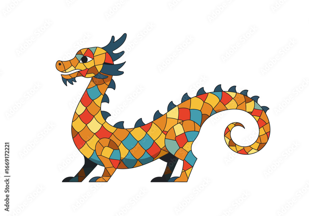 Fototapeta premium Patchwork Dragon Illustration for Childrens Books.