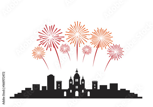 Spectacular Fireworks Over Cityscape at Night.