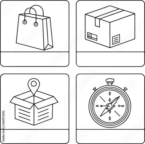 Delivery and Shipping Line Icons – Shopping Bag, Parcel, Location, and Compass Symbols