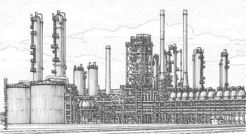 Chemistry or oil refinery plant. Vector sketch image of an industrial object for advertising and presentation purposes. EPS version.