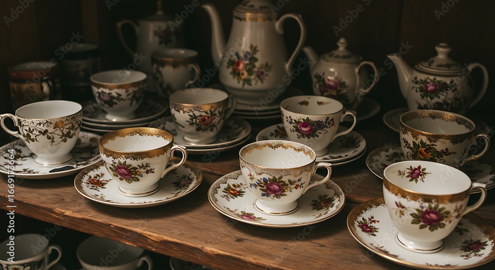 Fototapeta premium High-angle view of a collection of antique, porcelain teacups and saucers in a dusty antique shop