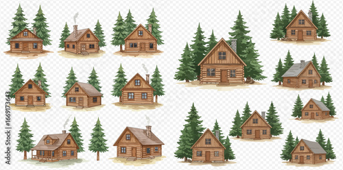 A collection of watercolor illustrations featuring rustic wooden log cabins and cozy forest houses surrounded by green pine trees.