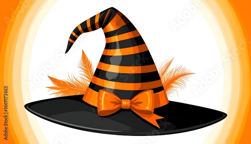 A black witch's hat with orange stripes, adorned with feathers and a bow