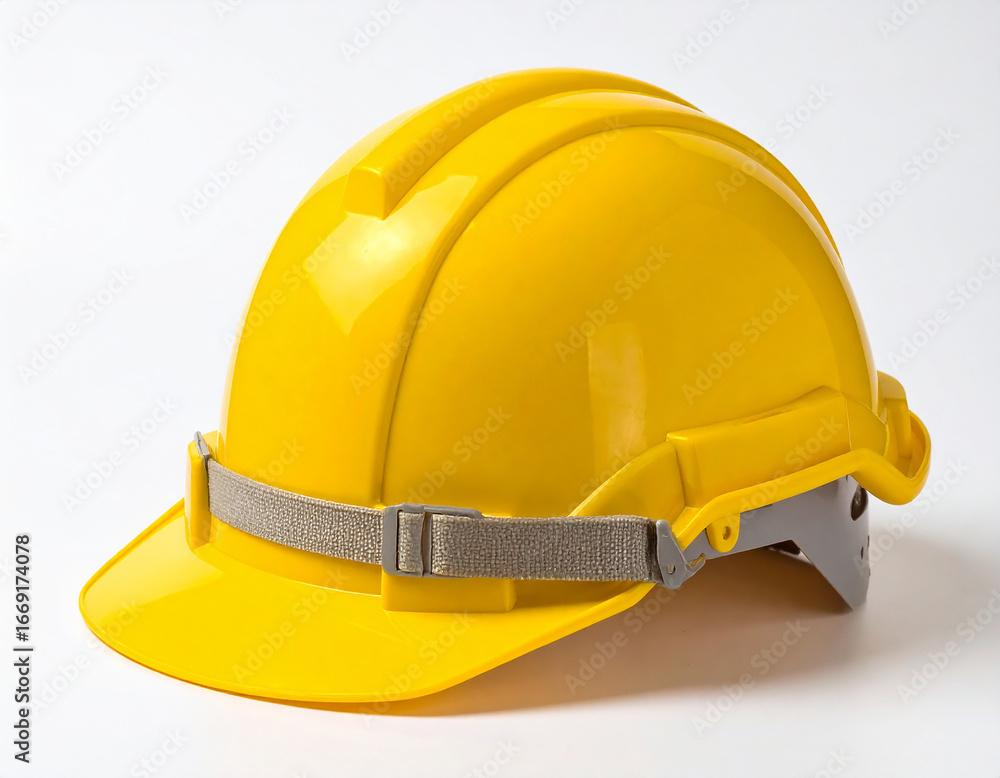 Fototapeta premium A shiny yellow protective construction hard hat with a chinstrap on a white background